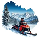 snow covered miuntains in the shape of a skiddo summit snowmobile with a cabin in the valley tattoo design idea