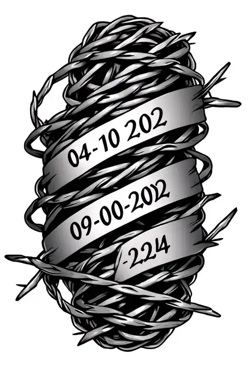 A detailed barbed wire tattoo design with two dates, '04-10-2022' and '09-00-2024', integrated into the wire pattern, tattoo design idea