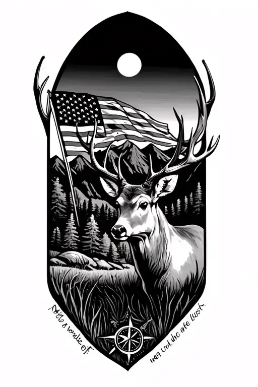 mountains in background with a tattered u.s flag, a not all who wonder are lost compass, and a mule deer non typical buc tattoo design idea