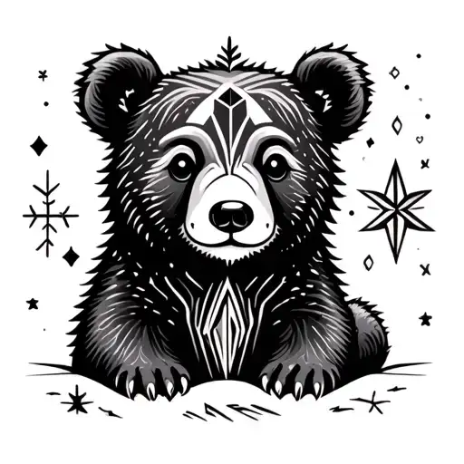 cute bear cub and north star tattoo design idea