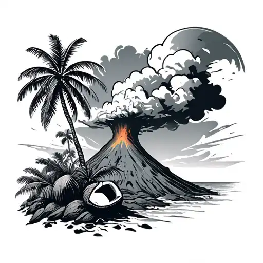 volcano explosion with coconut trees and kava plant tattoo design idea