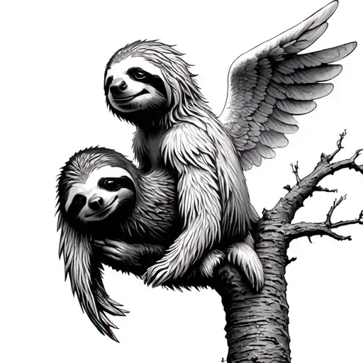 angel sloth looking down at sloth in tree from heaven tattoo design idea