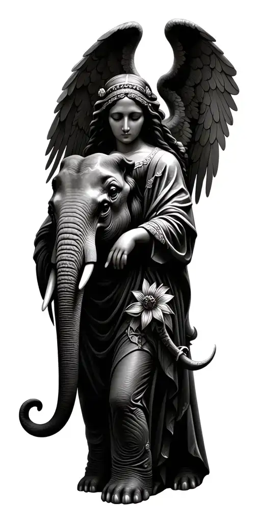 elephant and guardian angel tattoo design idea