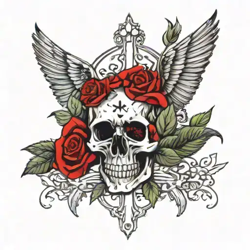 Black Skull and Black Roses, cross on the skull's forehead. Red Cardinal flying over the skull's head.  tattoo design idea