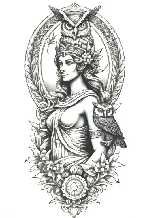 athena greek goddess with owl and parthenon and olive branch tattoo design idea
