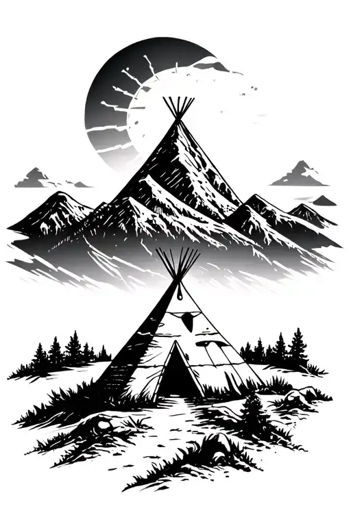 teepee sun mountain tattoo design idea