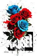 "KAISER ('KAI'-red) ('SER'-blue" Red and Blue Roses tanged together and around the 'text: Kaiser'. Red rose-'kai' & blue rose-'ser'. tattoo design idea