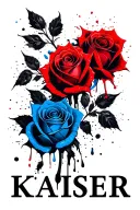 "KAISER ('KAI'-red) ('SER'-blue" Red and Blue Roses tanged together and around the 'text: Kaiser'. Red rose-'kai' & blue rose-'ser'. tattoo design idea