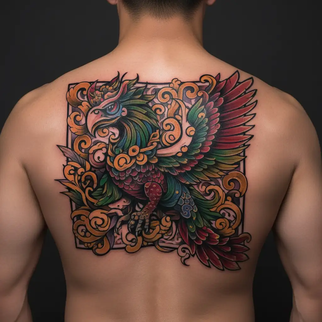 I want a tattoo of a forrest mountain with a indonesian garuda bird flying, but make the garuda the focal point  tattoo design idea