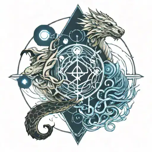 Trident tattoo, dragon on the right, polar bear on the left, blue waves, half sleeve forearm tattoo design idea