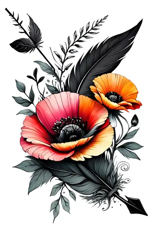 black and colorful feathers, green leaves and vines, poppy flowers, fall flowers,   arrow with filler tattoo design idea