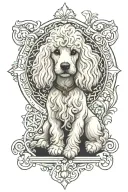 One white and creme maltese-poodle mixrace dog, art noveau inspiration tattoo design idea