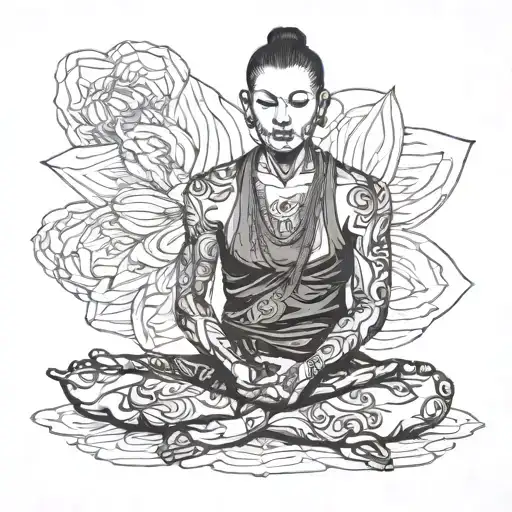 A person sitting in a lotus position, with hands resting on their knees. The face is present but abstract, with no clear tattoo design idea