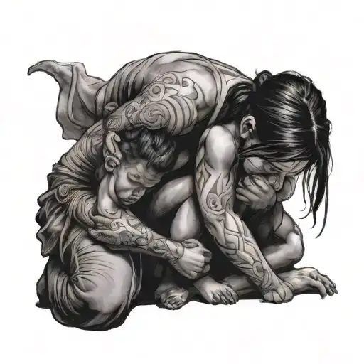 A strong fighter type woman crouched, embracing or holding hands with a child, set in a dark forboding atmosphere tattoo design idea