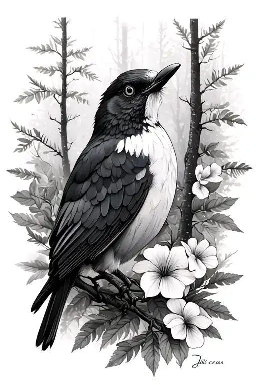julie cesar white bird black forest on leg sleeve tattoo design idea
