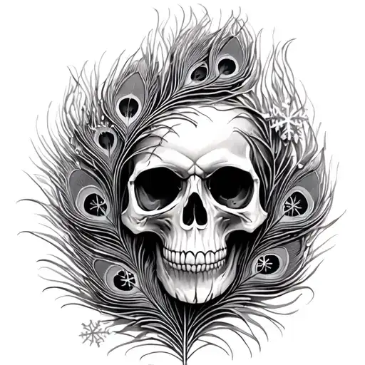 skull peacock feather intertwined with snow flakes tattoo design idea
