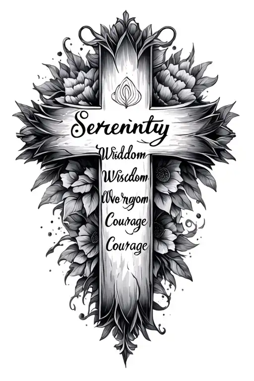 cross made from the words serenity wisdom courage written in script tattoo design idea