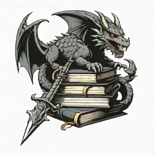 small book stack with dragon and sword and crown and werewolf head  and wand  tattoo design idea