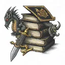 small book stack with dragon and sword and crown and werewolf head  and wand  tattoo design idea