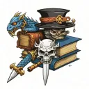 small book stack with dragon and sword and crown and werewolf head  and wand  tattoo design idea