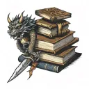 small book stack with dragon and sword and crown and werewolf head  and wand  tattoo design idea