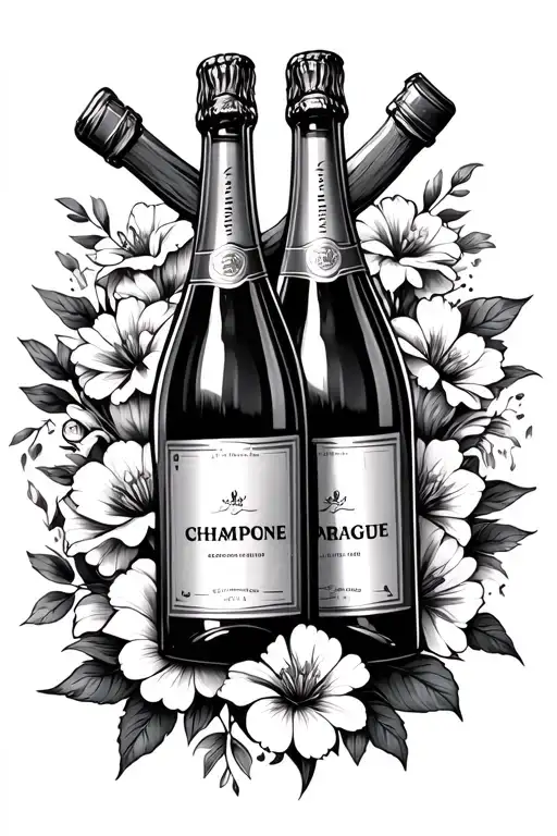 crossed champagne bottles with flowers tattoo design idea