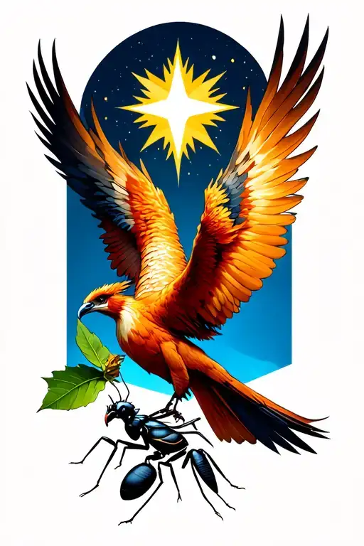 a phoenix flying under a philant star brings a leaf of lorium in its beak to a single ant tattoo design idea