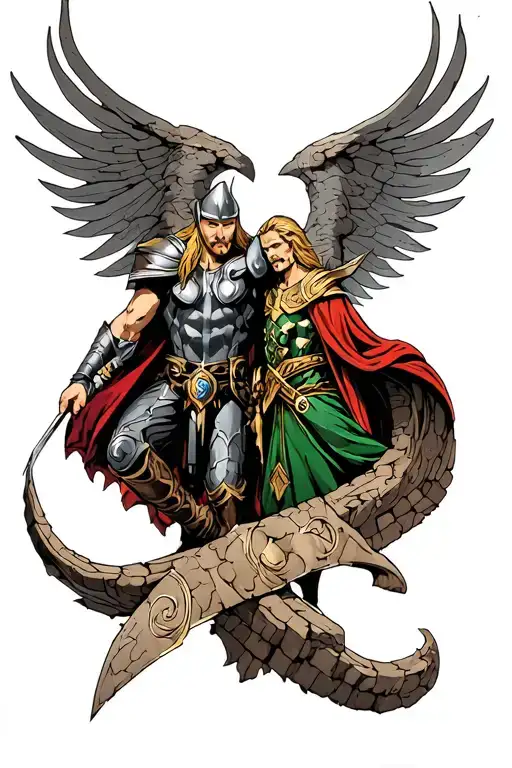 Thor and Loki with norse ruins intertwined tattoo design idea