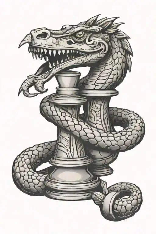 Rook chess piece with snake wrapped round on rook chess peice it says D.F.Q. tattoo design idea