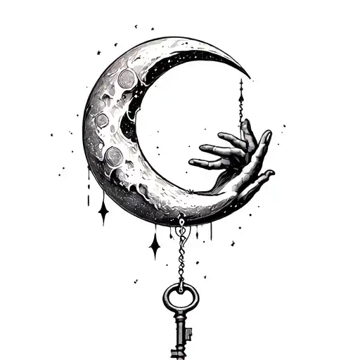 A palestinian kuffiye holding in a half a moon with a key holding on the bottom spike of the moon tattoo design idea