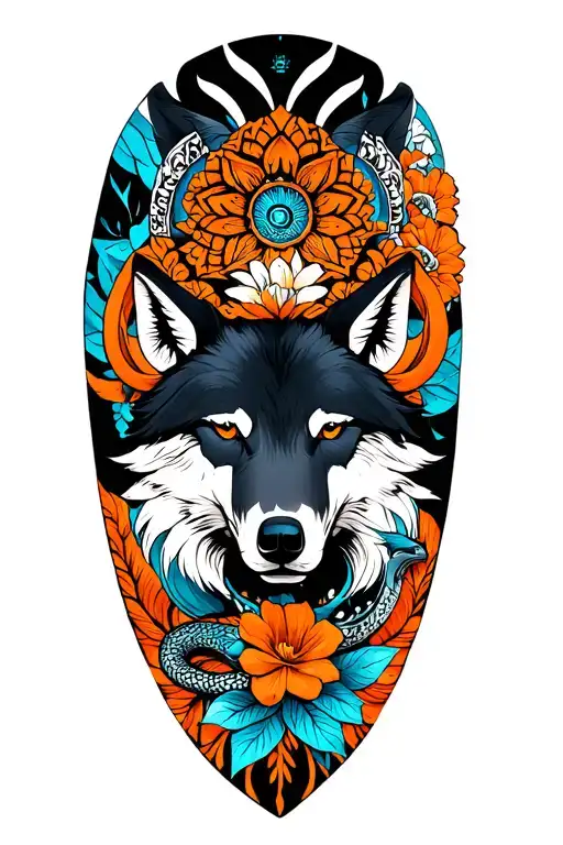 an elbow sleeve tattoo comprising of a black mandala, orange an blue matching colors of floral, snake, wolf and an Aries tattoo design idea