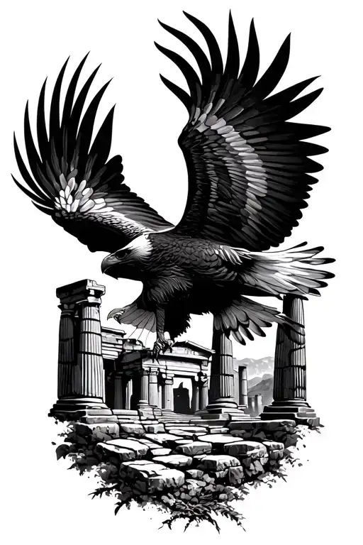 A tattoo design of a majestic eagle flying over ancient ruins, representing the connection between history and nature tattoo design idea