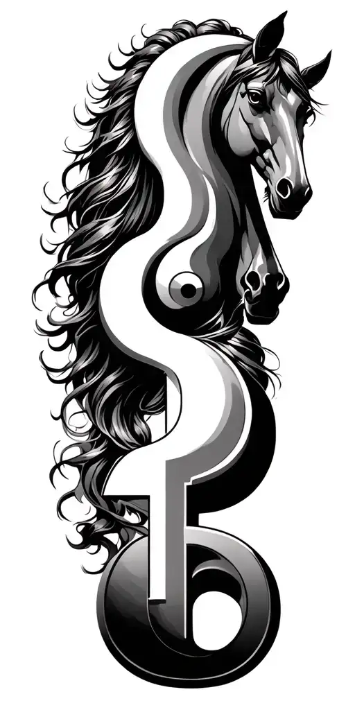 lady of truth and justice + pound symbol + yin-yang + horse head tattoo design idea