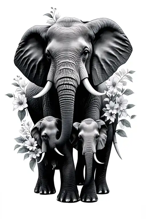 elephant mom and 3 elephants with flowers growing tattoo design idea
