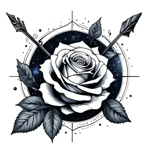 arrow and rose intertwined with galaxy surrounding it tattoo design idea