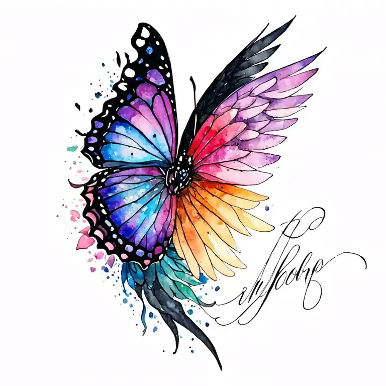 memorial tattoo one wing watercolour butterfly other wing is black angel wing and spine has handwritten name tattoo design idea