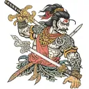 hindu rajput warrior weilding sword and holding decapitated head of enemy tattoo design idea