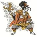 hindu rajput warrior weilding sword and holding decapitated head of enemy tattoo design idea