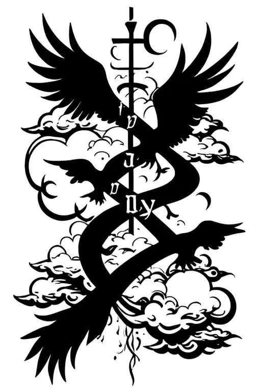 "שָׁלוֹם" half sleeve cross with clouds and doves  tattoo design idea