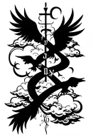 "שָׁלוֹם" half sleeve cross with clouds and doves  tattoo design idea