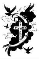 "שָׁלוֹם" half sleeve cross with clouds and doves  tattoo design idea