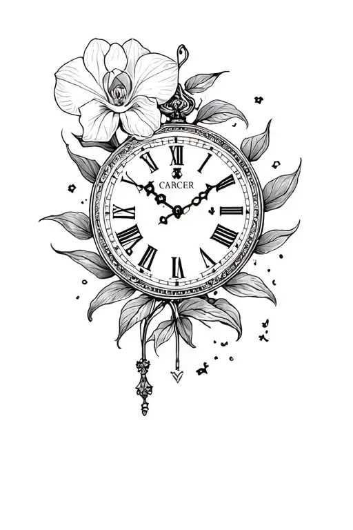 Fineline tattoo for inner forearm: realistic orchid, antique clock with Cancer zodiac constellation forming the clock  tattoo design idea