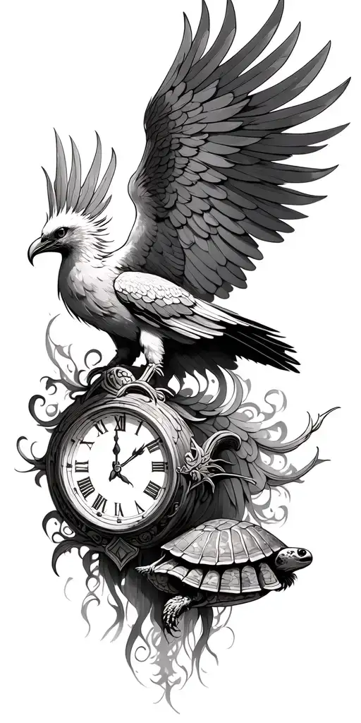 Phenix with a manta line and a tortu then a clock tattoo design idea