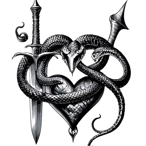 snake heart and dagger tattoo design idea