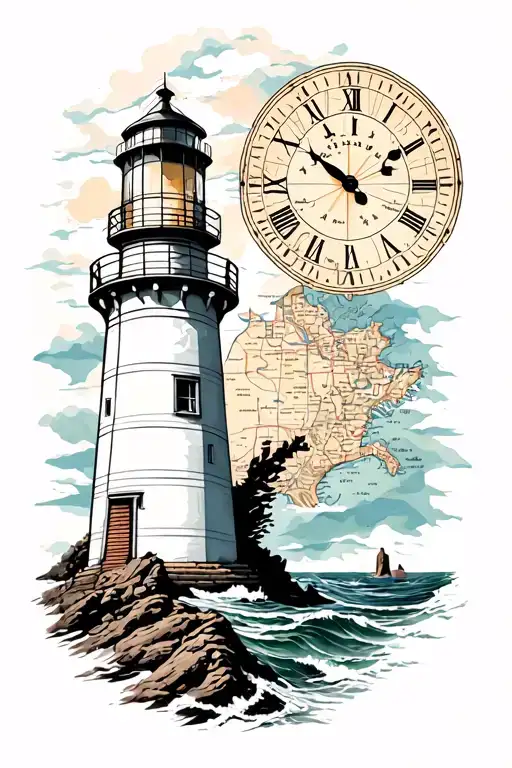Lighthouse with clock and map outline tattoo design idea