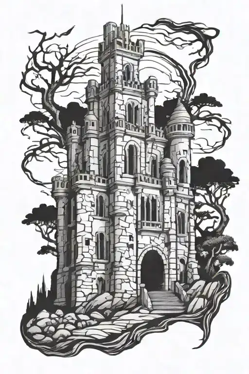 gothic castle ruins tattoo design idea