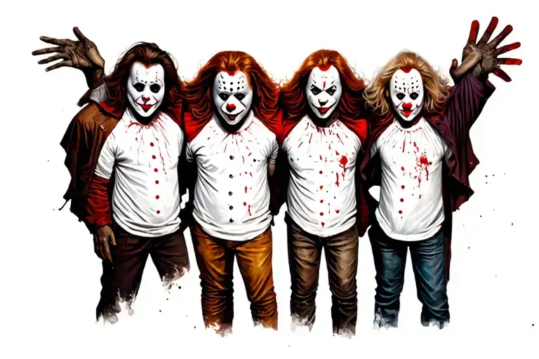 Michael myers, Jason Voorhees, art the clown, leatherface, pennywise, freddy Krueger, and ghostface being friends tattoo design idea
