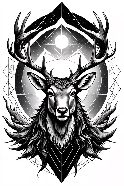 realist front-facing stag god, sign of depression, ocean and cosmos elements, geometrical shape around tattoo design idea