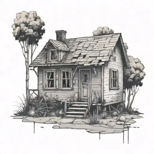 tiny abandoned house with a big 6 and a 4 incorporated on it  tattoo design idea