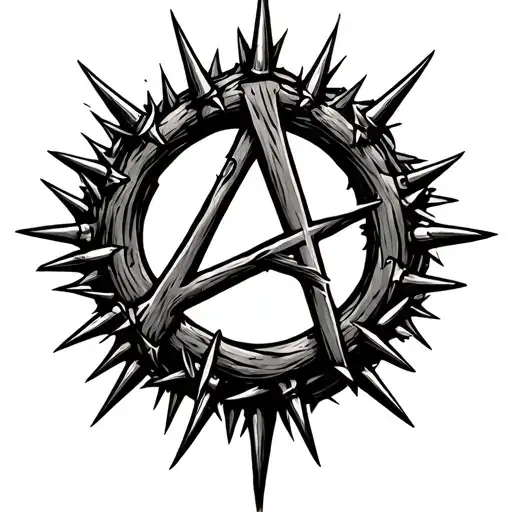 Anarchy symbol made with nail spikes used for Jesus' hands and circled with the thorned crown Jesus wore when crucified  tattoo design idea